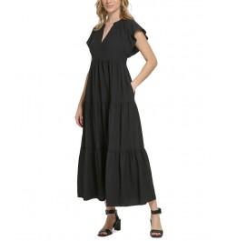 Women's Flutter-Sleeve Tiered Maxi Dress Black $65.56 Dresses