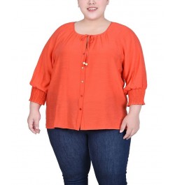 Plus Size 3/4 Sleeve Button Front Blouse Red $13.43 Tops