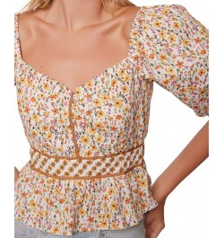 Women's Spring Sunrise Printed Puff-Sleeve Cotton Top Yellow Multi Floral $39.20 Tops