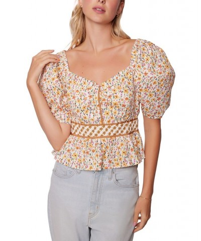 Women's Spring Sunrise Printed Puff-Sleeve Cotton Top Yellow Multi Floral $39.20 Tops